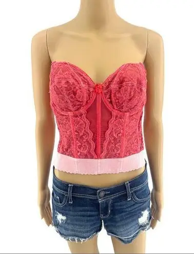 Goddess (36B) American VINTAGE 90s Red and Pink Hand Dyed Floral Lace Bustier Size undefined