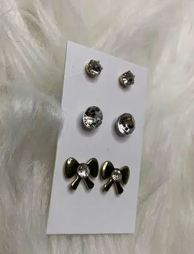 3 Gold Faux Diamond Stud Earrings w/ Bow