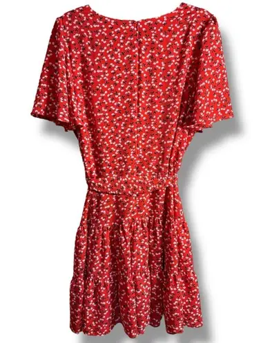 Eliza J Red Floral V-Neck Flutter Sleeve Fit-N-Flare Mini Dress Fits like an 8