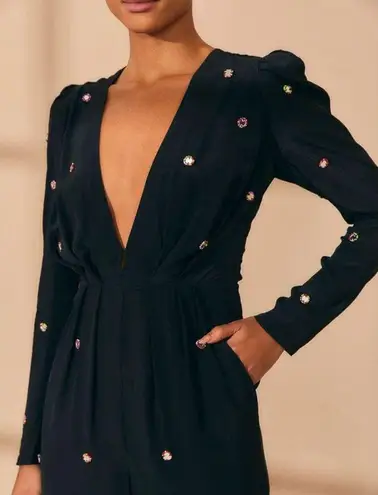 Farm Rio NWT Black Jumpsuit Mirror Embroidered Beaded Details Long Sleeve Large