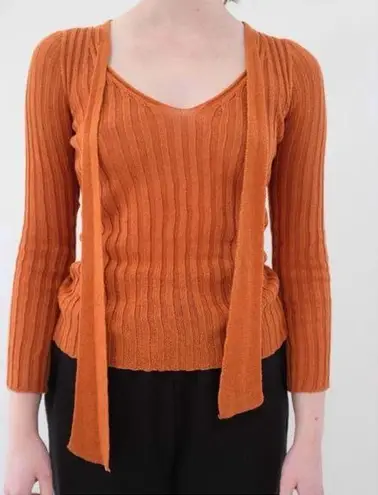 Baserange 100% linen etel long sleeve rib top with neck tie in umber NEW