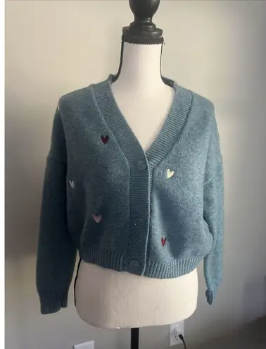 Witty Fox Ditzy Floral Small Blue Cropped Button Sweater Embroidered Hearts