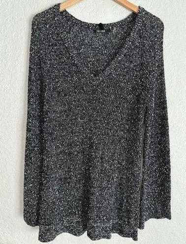 Nic+Zoe Grey Marled Linen V Neck Sweater Oversized Large Preppy Minimalist
