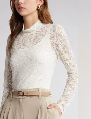 EXPRESS NWT  Lace Mock Neck Long Sleeve Sheer Top in Ivory Size M