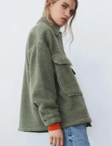 ZARA  Womens Fleece Teddy Faux Sherpa Green Contrasting Bomber Shirt Jacket XS