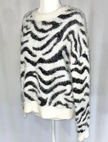 Hooked Up New Zebra Striped Fuzzy Knit Crewneck Sweater White Black