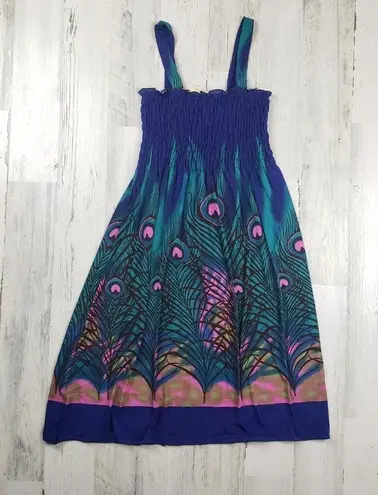 NWT Ace Fashioned Smocked Peacock Feather Summer Dress Women's Size Medium Blue