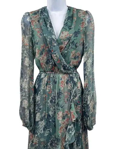 Caroline Constas Silk Vivan Floral Ruffled Georgette Maxi Gown Dress Slate Ombre Green Size XS