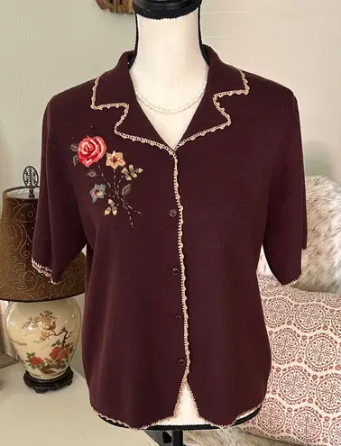 Koret Vtg 90’s plum brown button down cardigan sweater collared top M Gold Size M - Image 1