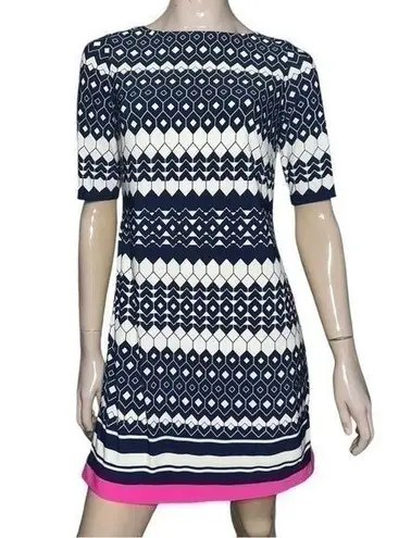 Eliza J Women’s Size 6 Navy Blue White Pink Geometric Print Sheath Mini Dress