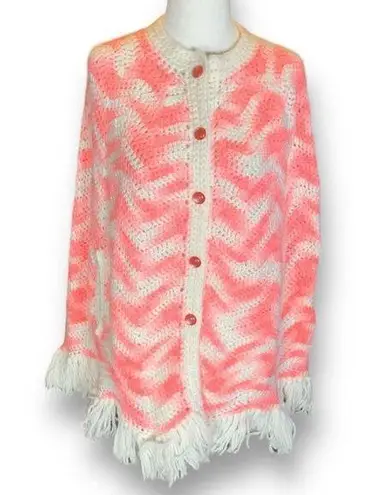 Vintage Hand Knit Chunky Knit Poncho Cape White Light Pastel Pink Zig Zag Stripe