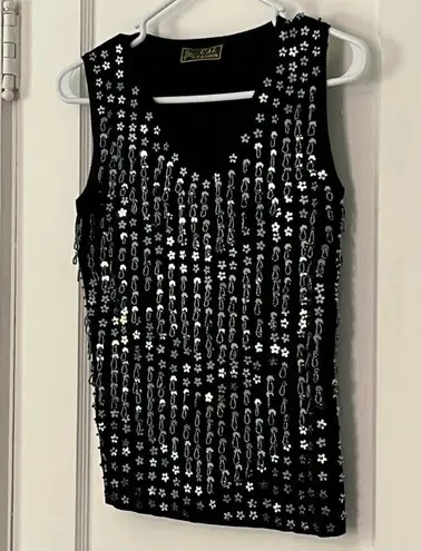 Cal Fashion VTG black floral sequin beaded blouse size small statement piece