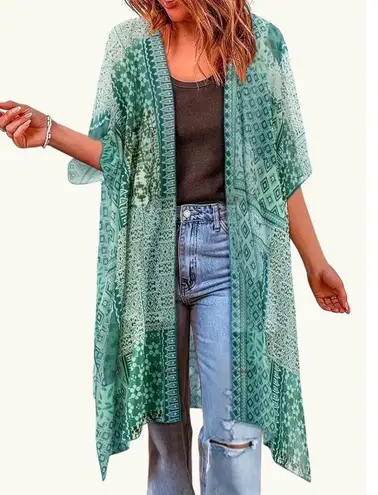 CCC Bohemian Style Patchwork Cape Lightweight Sheer Fabric Elegant Turquoise Whi Green Size XL