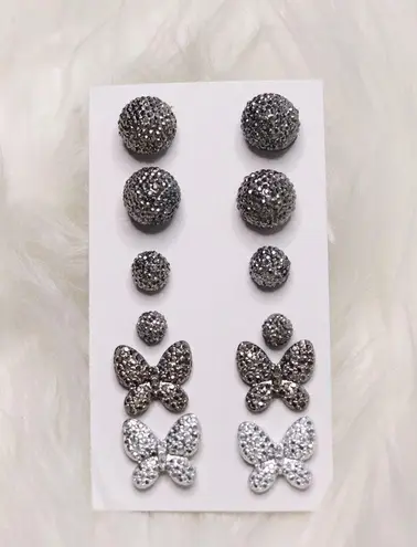 6 Butterfly & Ball Stud Earrings Dark Silver // Lot, Bundle, Set