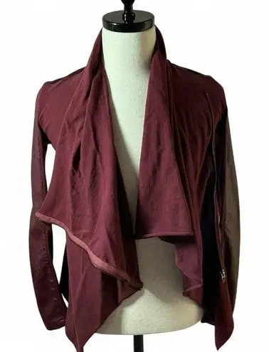 Burgundy Moto Jacket Faux Leather Sleeve Drape Front Cardigan Asymmetrical Red Size XS