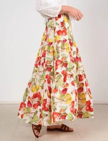 Cara Cara Women's 100% Cotton Tropical Fruit Ivory Melaine Midi Skirt Size XS Red