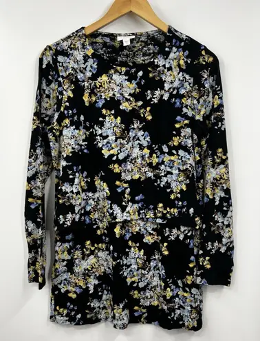 J Jill Shirt Womens Long Sleeve Floral Layered Tunic Top Black Size Small