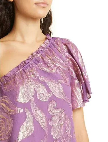 Ramy Brook  Peach Ruffle One-shoulder Silk Blend Top In Purple Jacquard Large