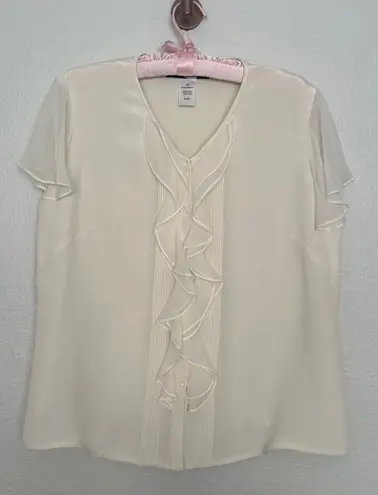 Jones New York Vintage 100% Silk Sz 10 Cream Ruffle Blouse Button Up Fluttersleeve