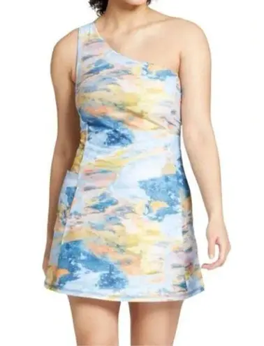 NWT DSG One Shoulder Active Momentum Dress w/ Bra & Shorts Multi Abstract Sz XS Blue