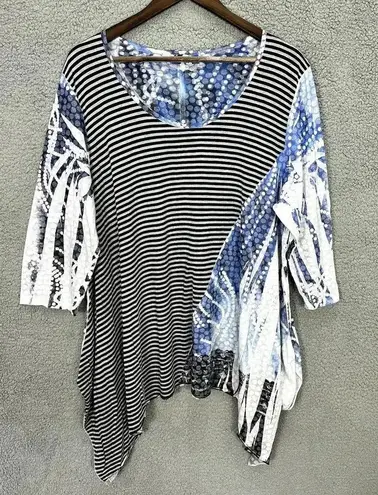 Vtg 90s tunic top womens 3X geometric artsy lagenlook asymmetrical hem fairy Blue