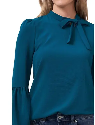 CeCe Tie Neck Blouse in Vivid Teal XS Long Sleeves