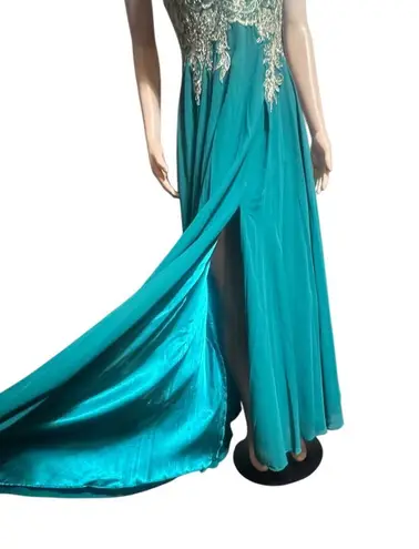 Chica teal green gold embroidery spaghetti straps lace up maxi dress XL