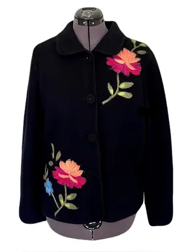 Itsu Black 100% Boiled Wool, Felted Floral Jacket, Size L Size L