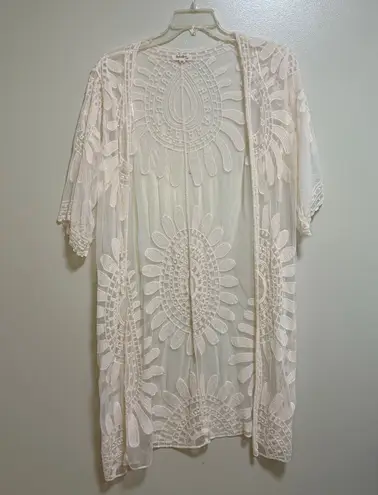 Rebellion Cream Boho White Sheer Lace Midi Kimono Cardigan Beach Coverup Medium