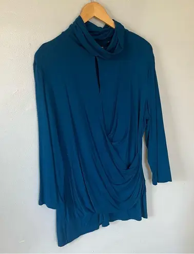 Boutique Long Sleeve Cowl Turtleneck Blouse Shirt Teal Blue XL X