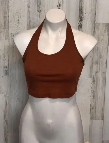 Brown Ribbed Halter Crop Top Small | Sleeveless Stretchy Y2K Tank