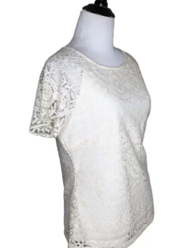 Solitaire Ivory Lace Overlay Sheer Short Sleeves Keyhole Dressy Casual Top M