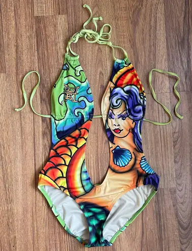 Ed Hardy Vintage Y2K Rare Green Multicolor Sexy Mermaid Edgy One Piece Swimsuit