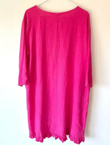 Bryn Walker Hi-Lo Zaida Pink Hibiscus Ruffle Hem Linen Tunic Dress Lagenlook