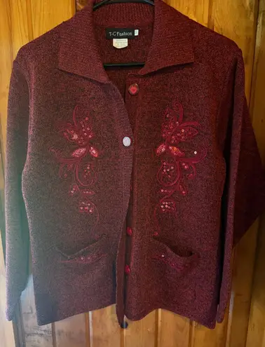 T C Fashion Red Knit Cardigan Sequined Embellished Button Down Pockets Size M Size M - Image 1
