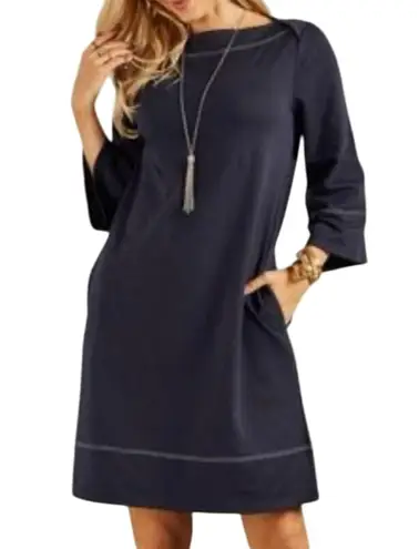 Suzanne Betro Navy Contrast Stitch Boat Neck Flare Sleeve Shift Dress Size M