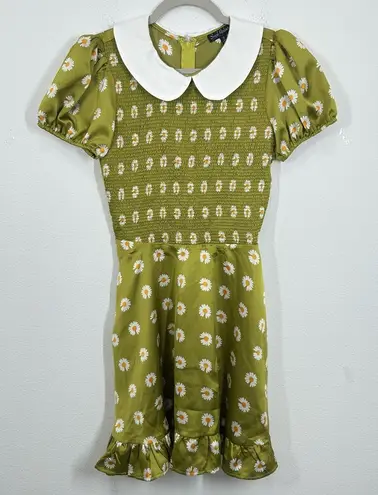 Smak Parlour Modcloth Retro Green Daisy Smocked Mini Dress Peter Pan Collar NWT