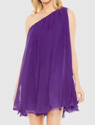 Mac Duggal . Purple One Shoulder Flowy Chiffon Mini Dress.