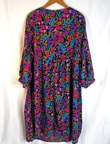 Emery Rose Bold Floral Print Long Sleeve Fit & Flare Thin Midi Dress Size 2XL