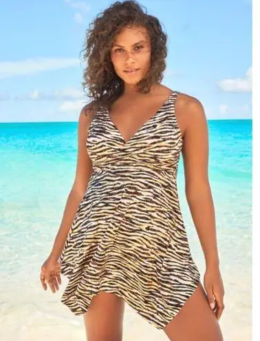 Swimsuits For All Swim Dress Handkerchief Hem Metallic Zebra Print Size 28 Tan
