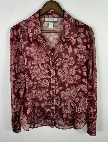 Nine & Co. Blouse 12 Sheer Burgundy Floral Witchy Whimsigoth 90s Romantic