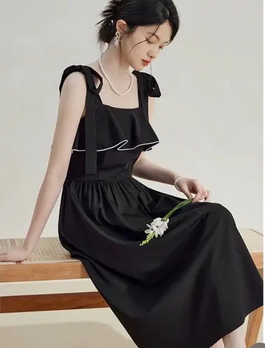 Japanese Black White Ruffle Minimalist Ribbon Bow Tie Sleeveless Midi Dress Size XS