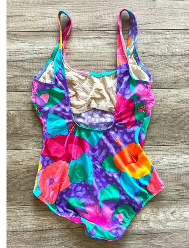 Vintage Island Native Swimsuit Leotard Hawaiian Floral Neon 14 80s 90s Purple Size 12