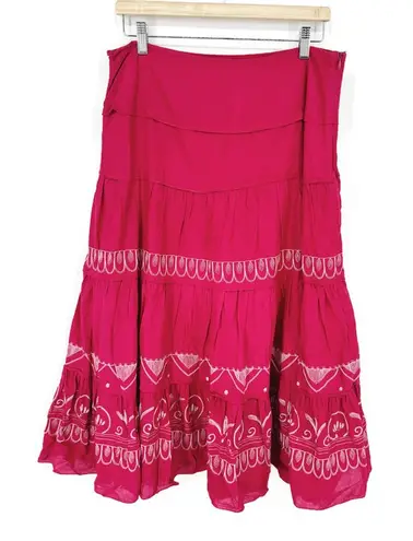 Sunny Leigh Boho Embroidered Tiered Pink Midi Skirt 14