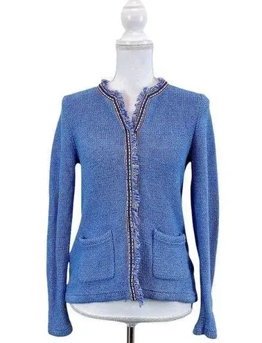 J. McLaughlin  Sweater Medium Womens Blue Knit Fringe Trim Cardigan Jacket