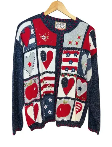 Heirloom Collectibles Patriotic Cardigan Sweater Stars Stripes Hearts Large 2002