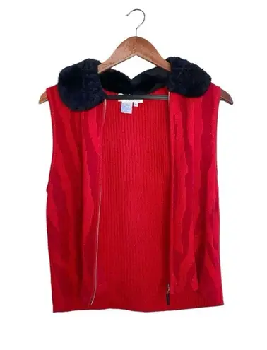 VTG Rebecca Thomas Red/Black Faux Fur Collar Zip Front Zebra Print Rib Knit Vest Red