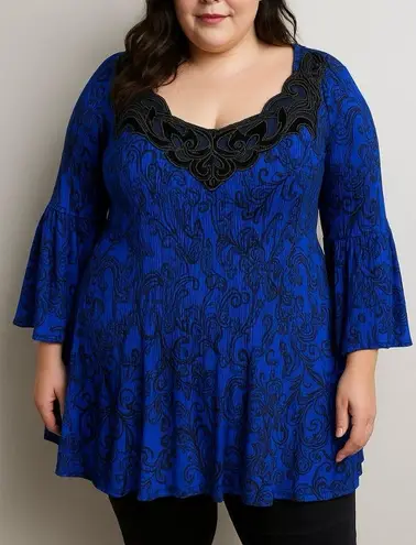 Catherines Blue Black Scroll Crinkle Pleated Crochet Georgette Blouse Size 5X