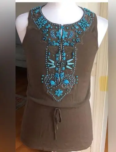 Vintage Boho Votre Nom Brown Top with Turquoise Beading, Excellent Condition Size L
