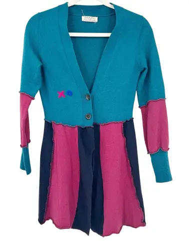 Ragged Thistle Womens Handmade Boho Hippie Mushroom Colorblock Cardigan Sweater Blue